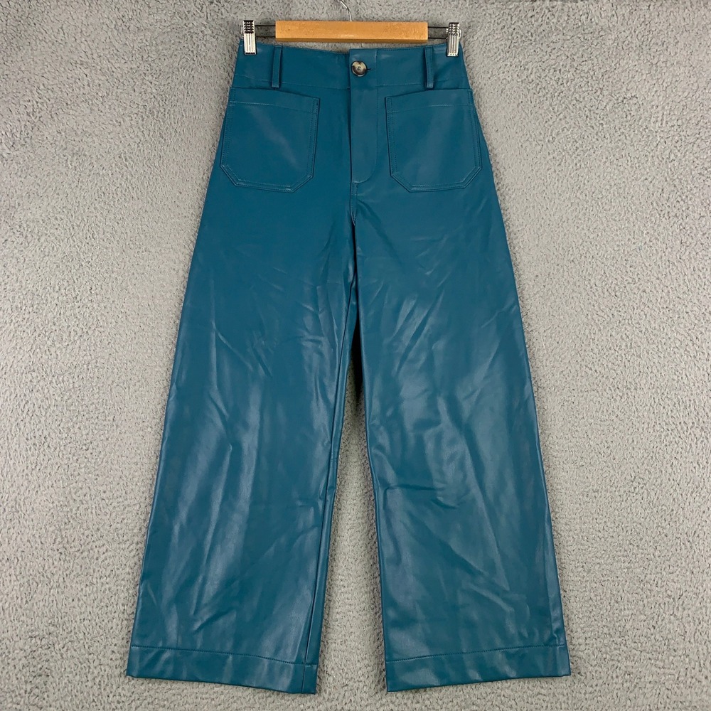 Maeve The Colette Faux Leather Pants Womens 26 Teal Blue Wide Leg High Rise Crop